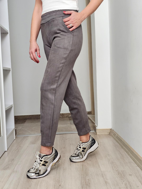 FELİX14345 Bel Lastikli Paça Pensli Gri Süvet Pantolon