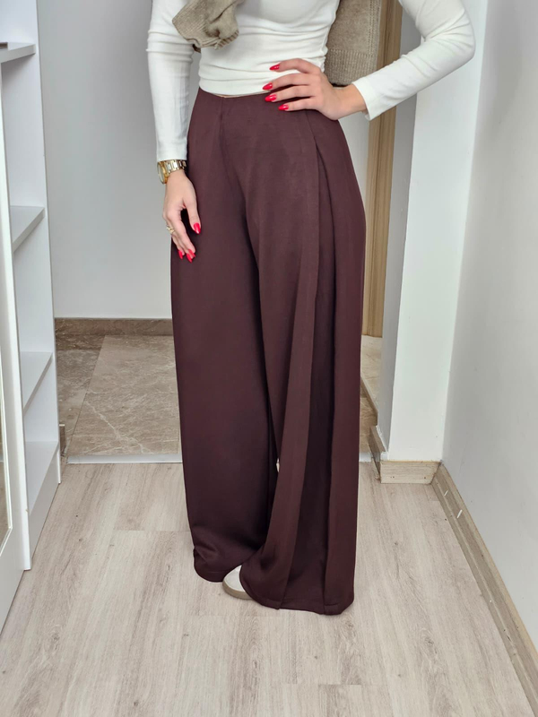 FELİX14388 Modal Yan Pileli Kahverengi Palazzo Pantolon