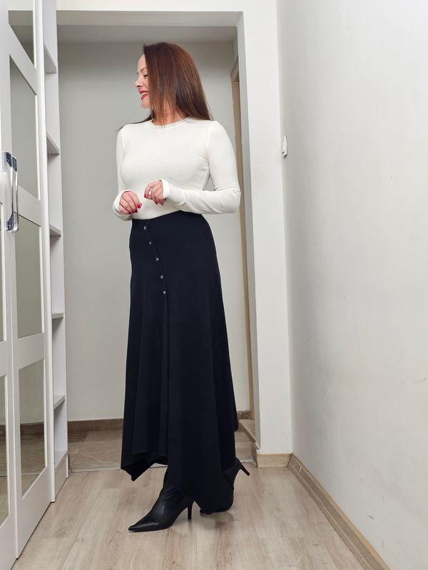 FELİX14495 Düğmeli Siyah Asimetrik Triko Etek