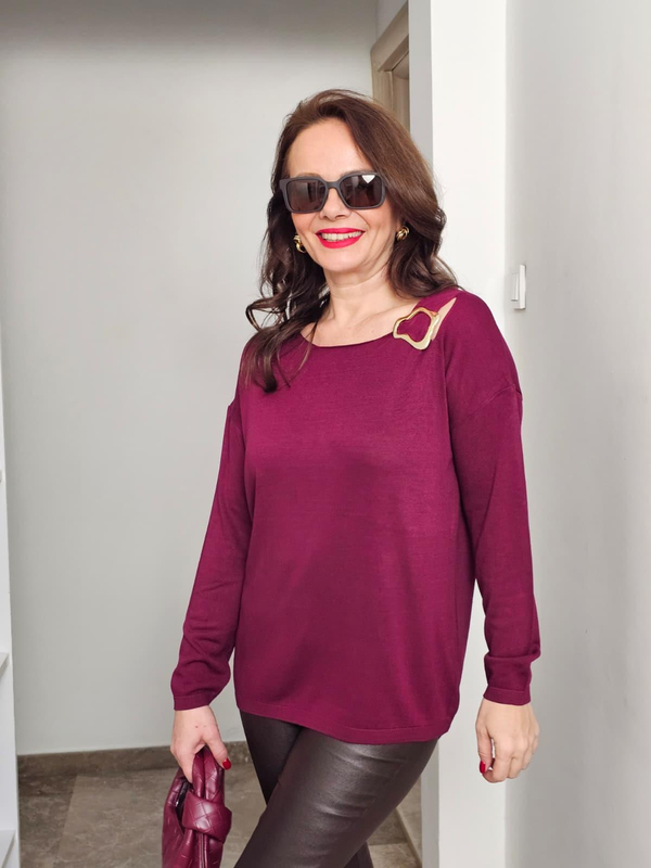 FELİX14508 Omuz Toka Detaylı Bordo Triko Bluz
