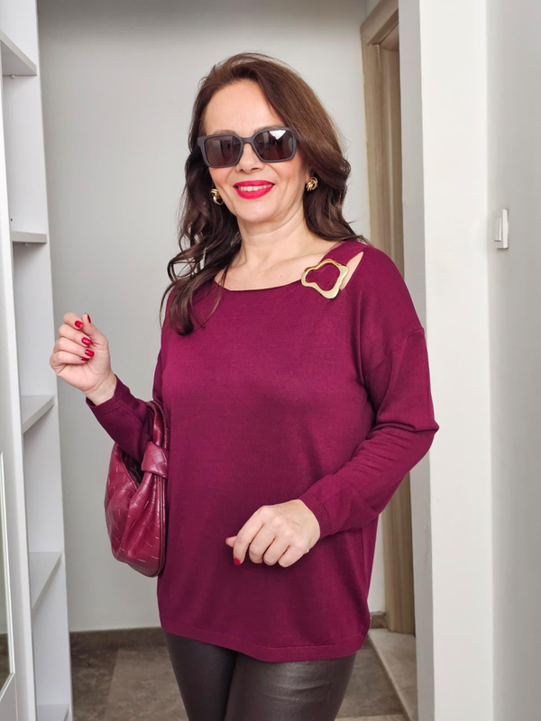 FELİX14508 Omuz Toka Detaylı Bordo Triko Bluz