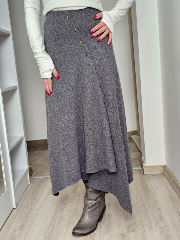 FELİX14521 Düğmeli Füme Asimetrik Triko Etek