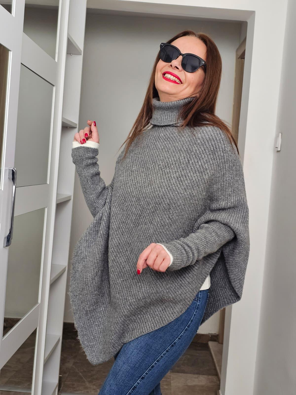 FELİX14523 Boğazlı Gri Asimetrik Triko Panço