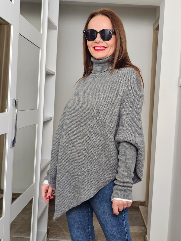 FELİX14523 Boğazlı Gri Asimetrik Triko Panço