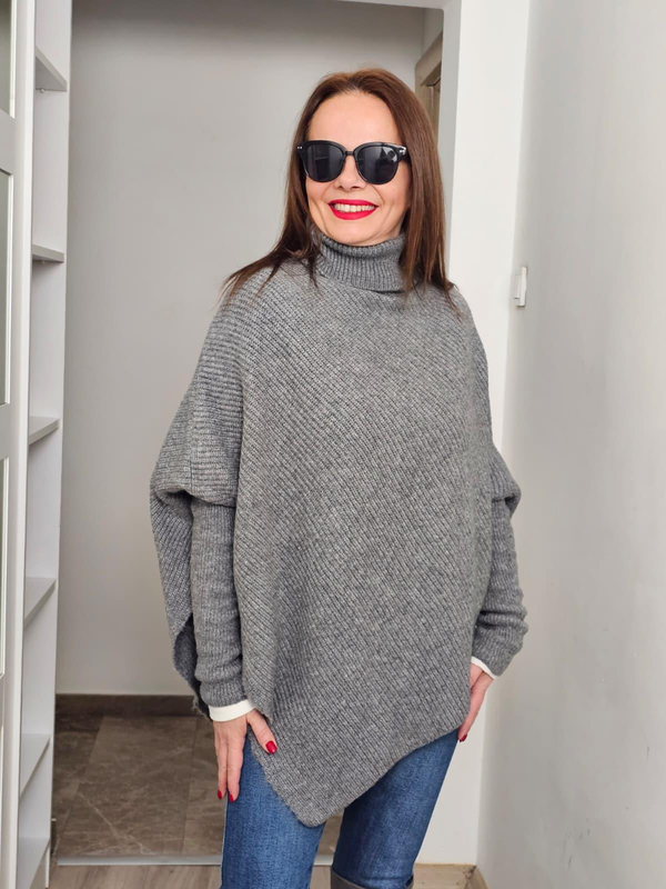FELİX14523 Boğazlı Gri Asimetrik Triko Panço