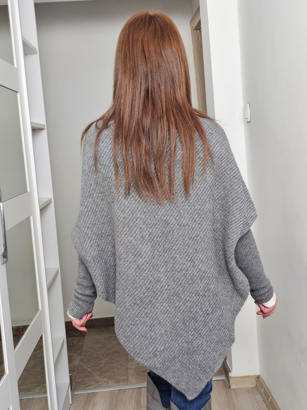 FELİX14523 Boğazlı Gri Asimetrik Triko Panço