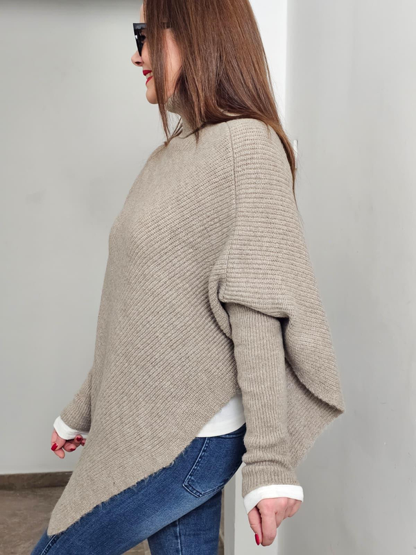 FELİX14524 Boğazlı Vizon Asimetrik Triko Panço
