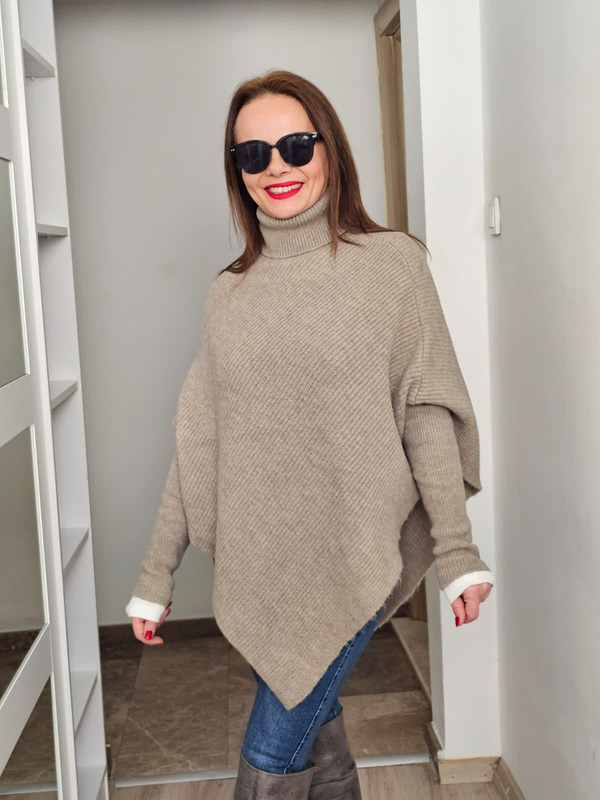 FELİX14524 Boğazlı Vizon Asimetrik Triko Panço