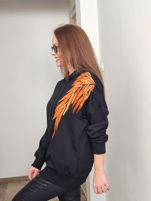 FELİX14535 Omuz Turuncu Payetli Siyah Büyük Beden Sweatshirt
