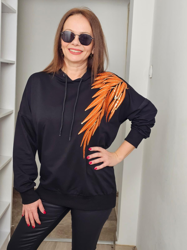 FELİX14535 Omuz Turuncu Payetli Siyah Büyük Beden Sweatshirt