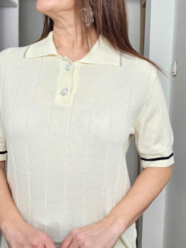 FELİX14615 Polo Yaka Düğmeli Kısa Kol Pırıltılı Krem Triko