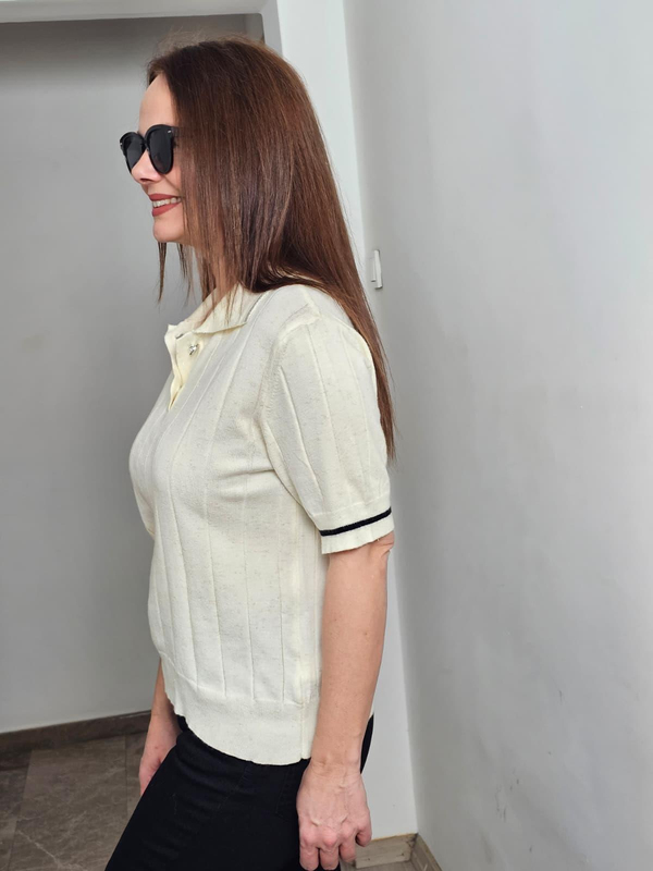 FELİX14615 Polo Yaka Düğmeli Kısa Kol Pırıltılı Krem Triko