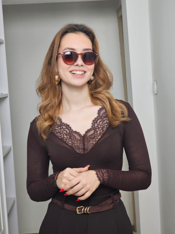 FELİX14661 Yaka Kol Dantel Kahverengi Transparan Bluz