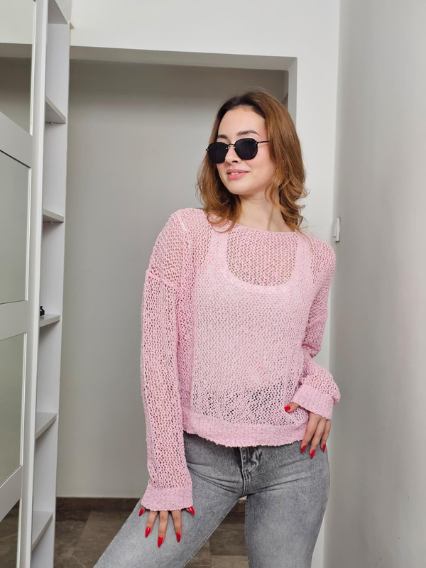 FELİX14665 Kayık Yaka Pembe Delikli Triko
