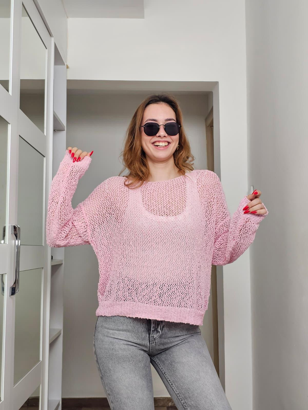 FELİX14665 Kayık Yaka Pembe Delikli Triko