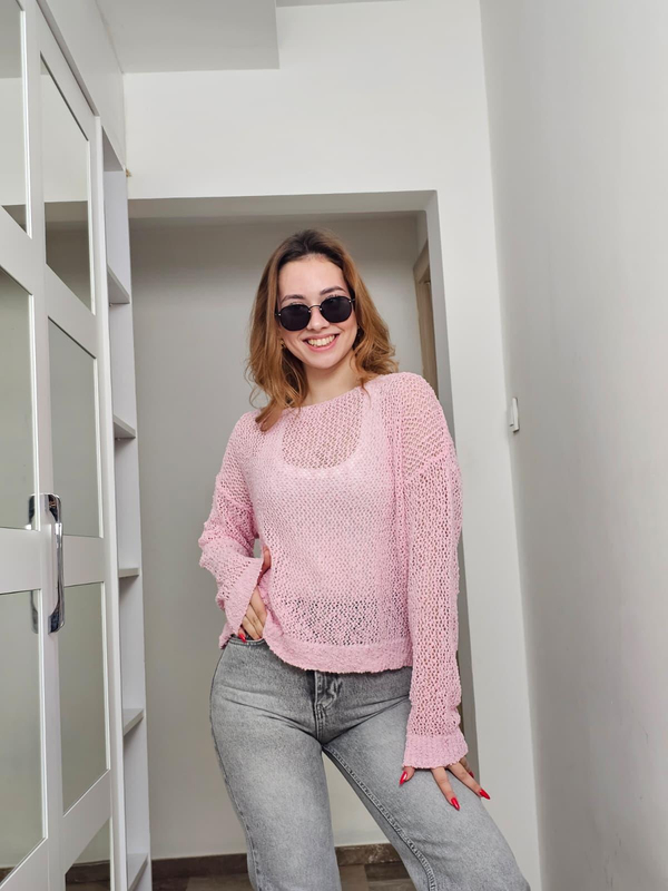 FELİX14665 Kayık Yaka Pembe Delikli Triko