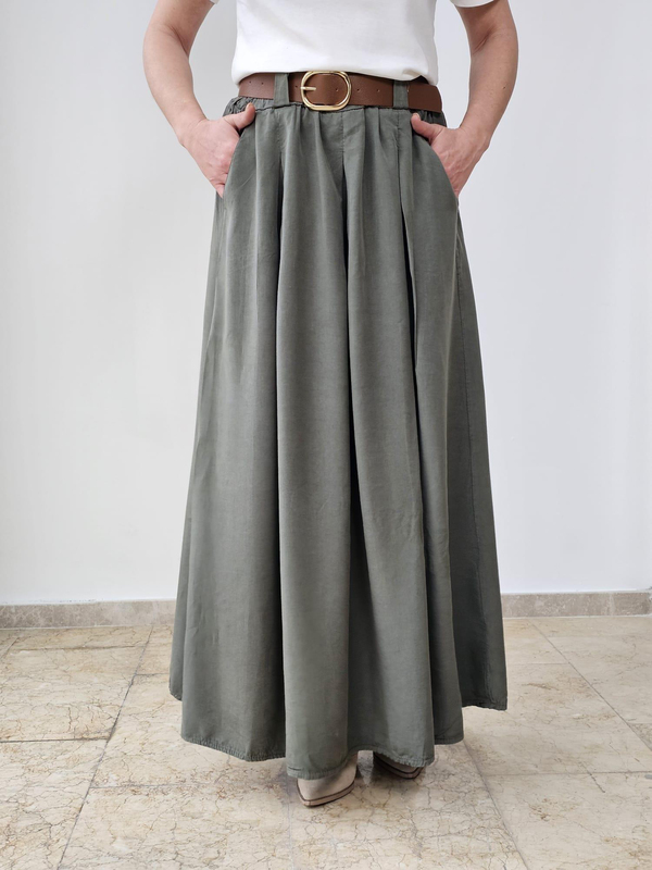 FELİX14721 Bel Lastikli Kemerli İthal Tencel Haki Yeşil Etek