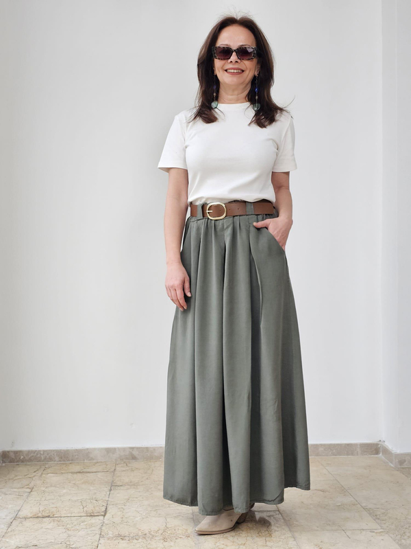 FELİX14721 Bel Lastikli Kemerli İthal Tencel Haki Yeşil Etek
