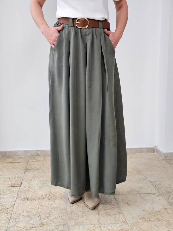 FELİX14721 Bel Lastikli Kemerli İthal Tencel Haki Yeşil Etek