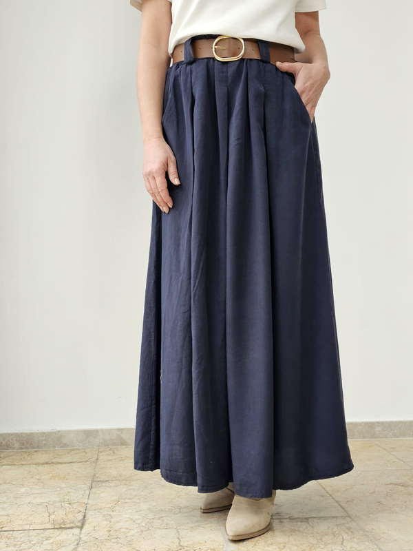 FELİX14722 Bel Lastikli Kemerli İthal Tencel Lacivert Etek