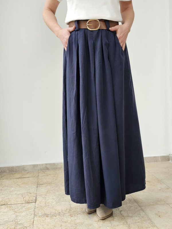 FELİX14722 Bel Lastikli Kemerli İthal Tencel Lacivert Etek