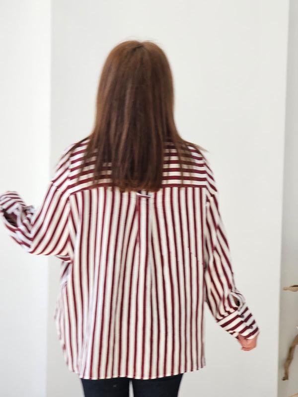 FELİX14765 Cepli Yan Yırtmaçlı Bordo Beyaz Çizgili Oversize Gömlek