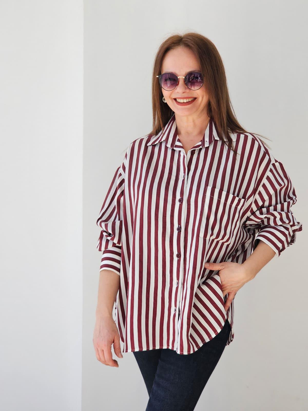 FELİX14765 Cepli Yan Yırtmaçlı Bordo Beyaz Çizgili Oversize Gömlek