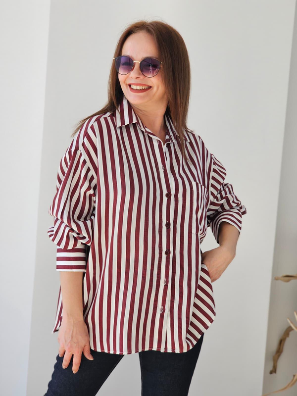 FELİX14765 Cepli Yan Yırtmaçlı Bordo Beyaz Çizgili Oversize Gömlek