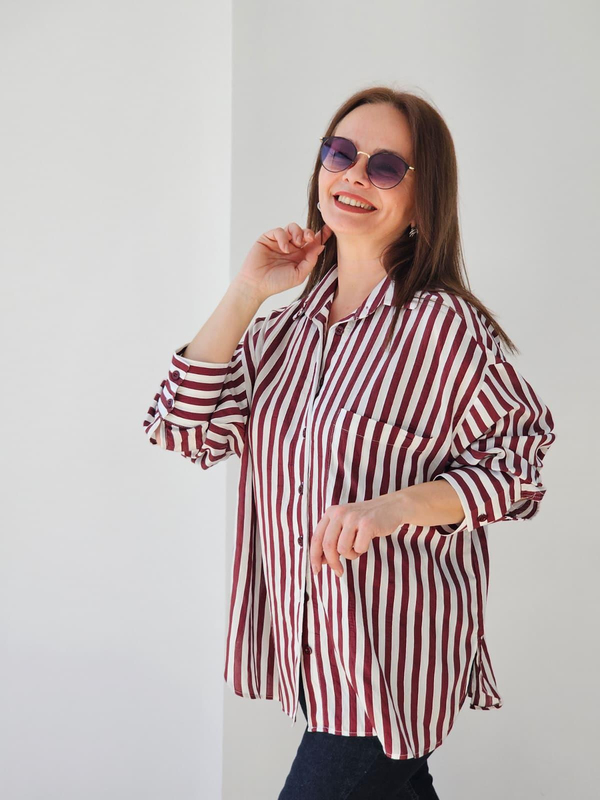 FELİX14765 Cepli Yan Yırtmaçlı Bordo Beyaz Çizgili Oversize Gömlek
