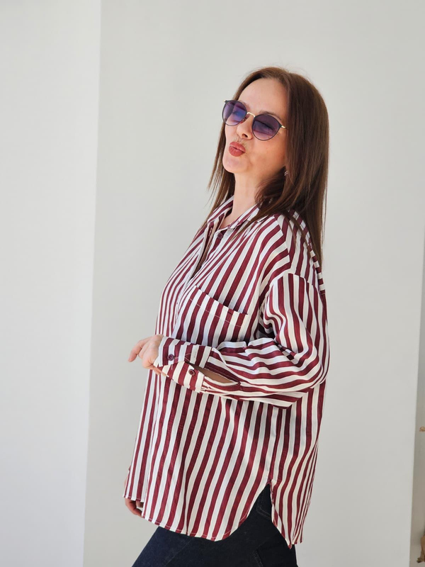 FELİX14765 Cepli Yan Yırtmaçlı Bordo Beyaz Çizgili Oversize Gömlek