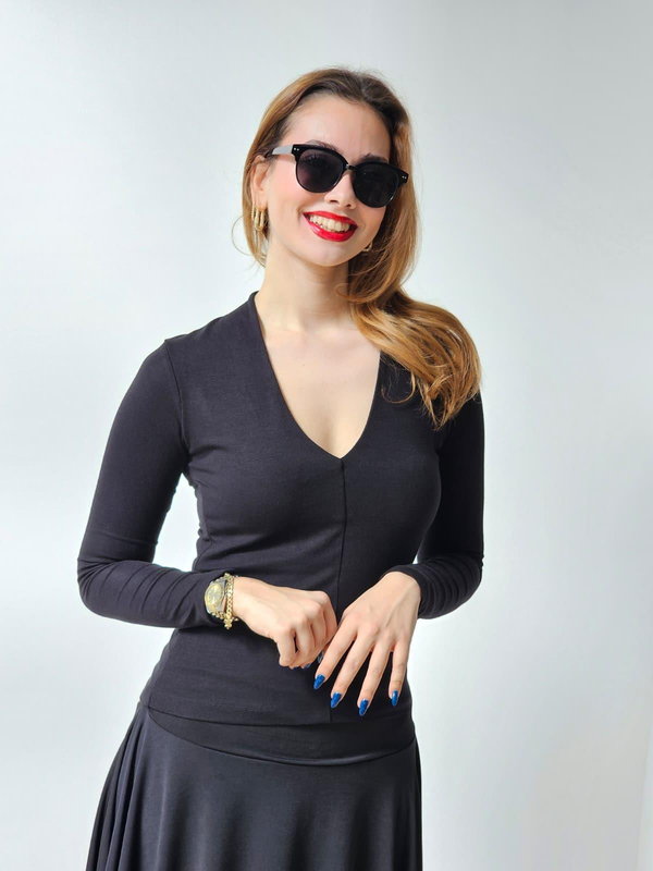 FELİX14771 V Yaka Uzun Kol Siyah Body 