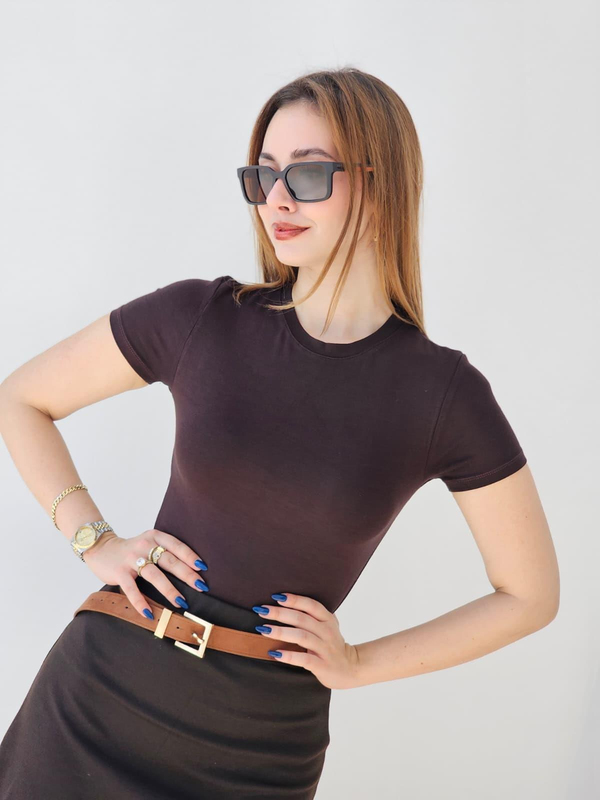FELİX14784 Yuvarlak Yaka Kısa Kol Kahverengi Body