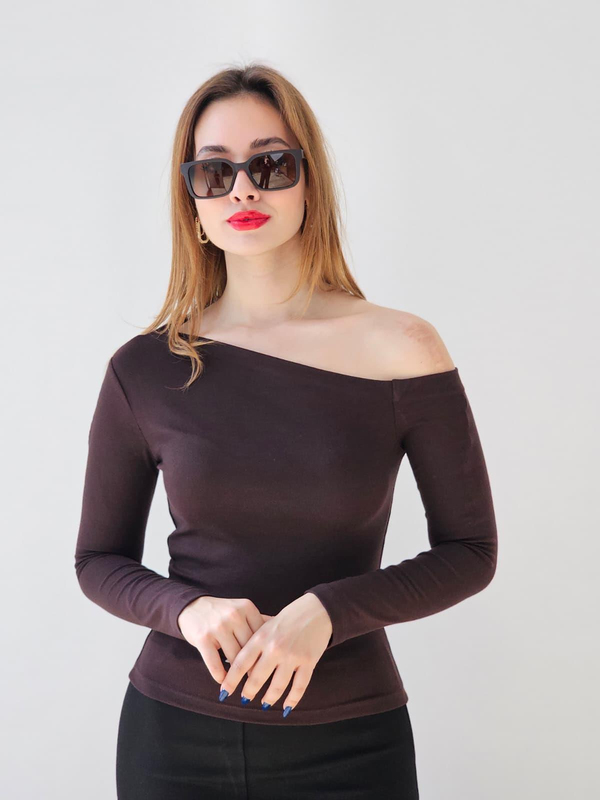 FELİX14790 Kayık Yaka Tek Omuz Kahverengi Body