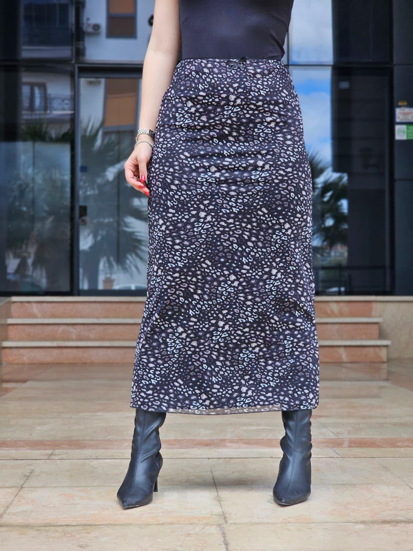 FELİX14929 Leopar Desenli Siyah Astarlı Tül Etek
