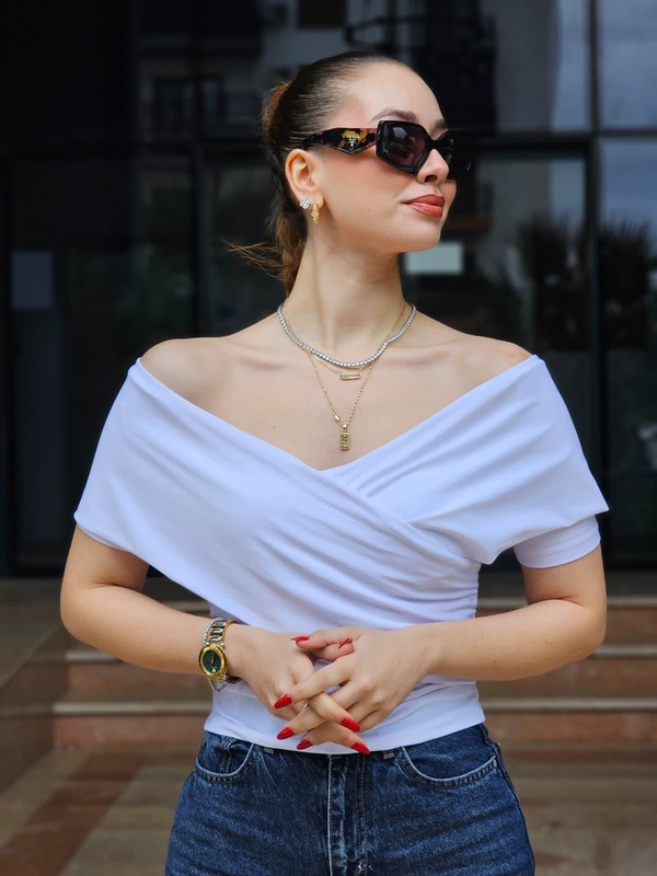 FELİX14932 Kruvaze Yaka Beyaz Body Bluz