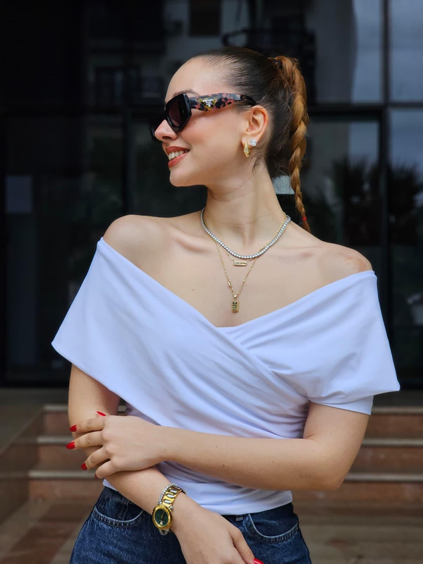 FELİX14932 Kruvaze Yaka Beyaz Body Bluz