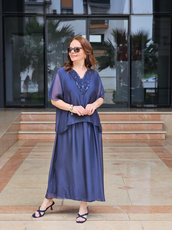 FELİX15003 Yaka Pullu İthal İpekli Lacivert Elbise