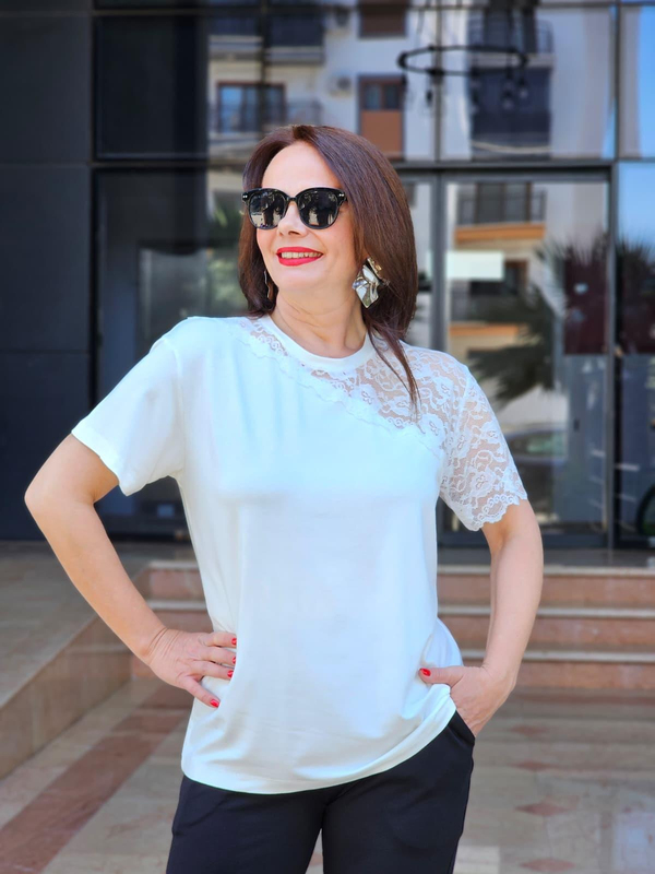 FELİX15041 Yaka Kol Dantelli Krem Bluz