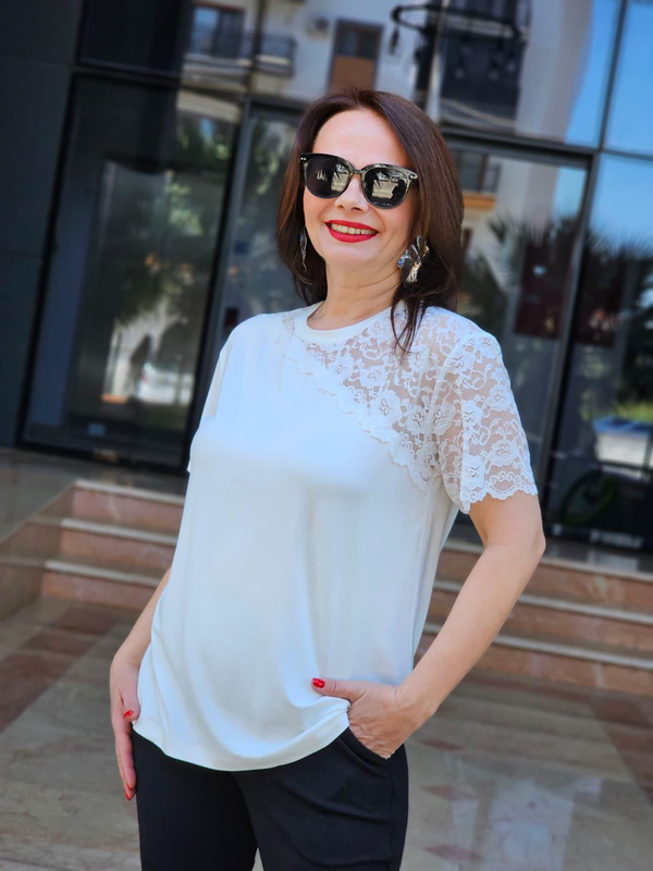 FELİX15041 Yaka Kol Dantelli Krem Bluz