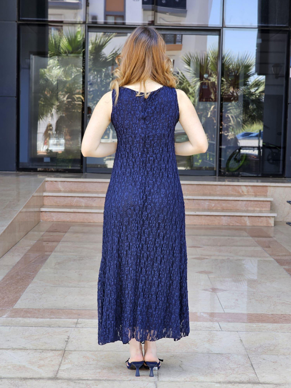 FELİX15047 Lacivert Dantel Uzun Elbise