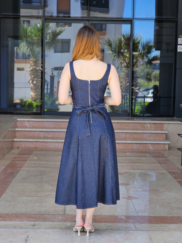 FELİX15100 Omuz Kemer Tokalı Lacivert Kot Elbise