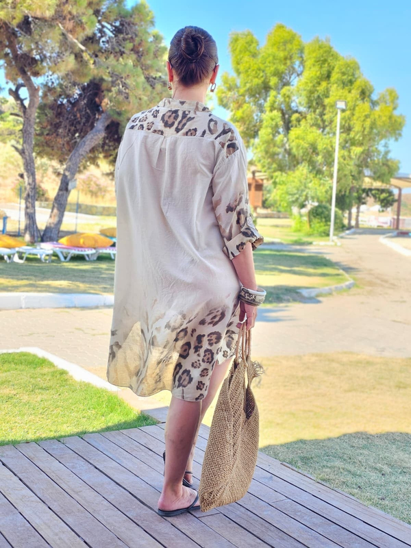 FELİX15358 Leopar Desenli Taş Rengi İthal Gömlek Elbise - Pareo