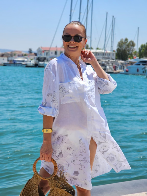 FELİX15391 Gri Çiçek Desenli Beyaz İthal Gömlek Elbise - Pareo