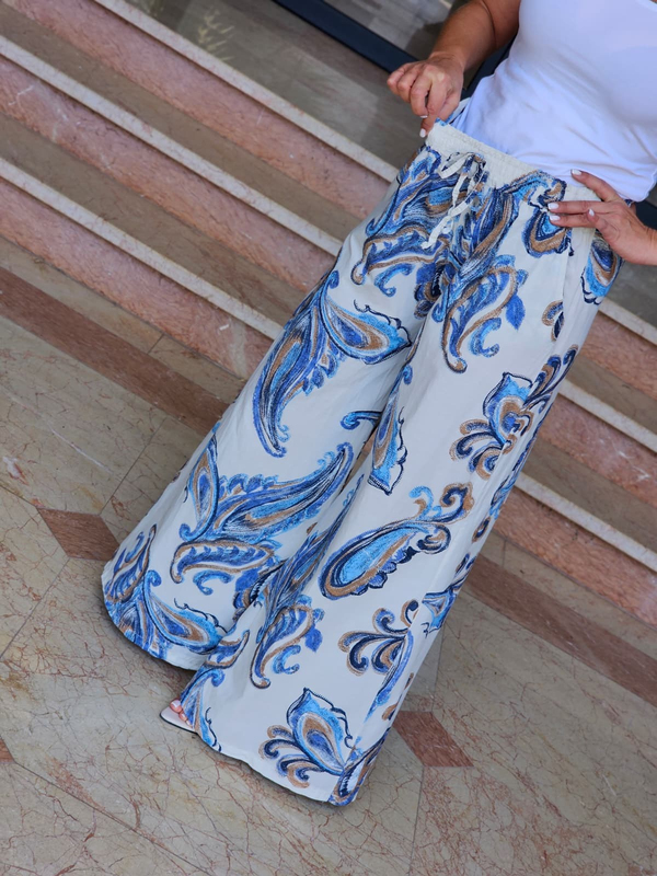 FELİX15431 Bel Lastikli Şal Deseni İthal Krem Pantolon