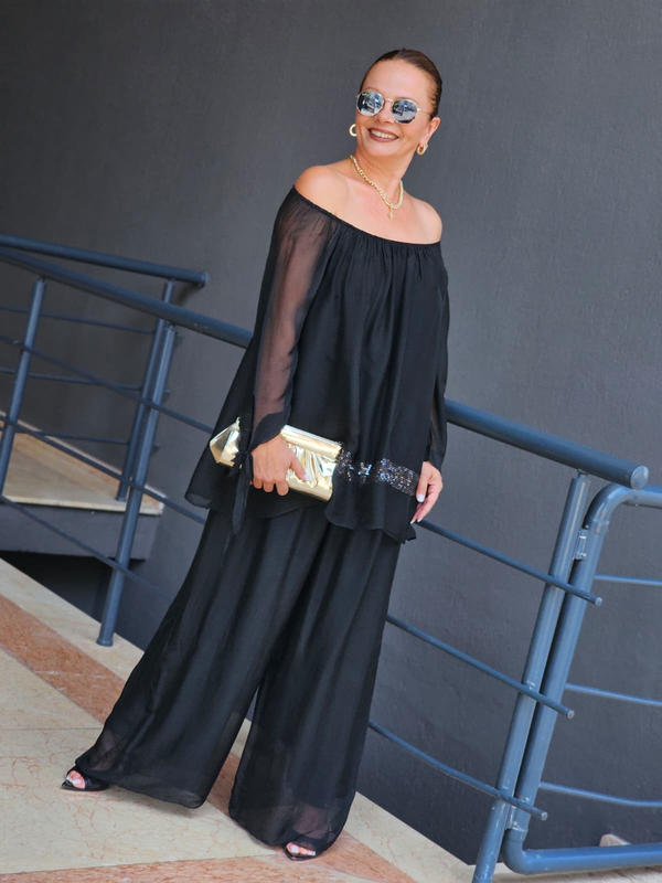 FELİX15460 Etek Ucu Payetli İthal İpekli Siyah Takım