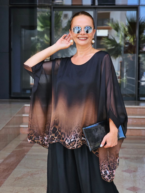 FELİX15472 Leopar Desenli İthal İpekli Siyah Batik Bluz