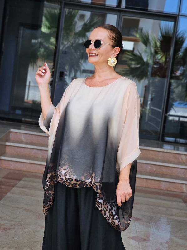 FELİX15473 Leopar Desenli İthal İpekli Bej Batik Bluz
