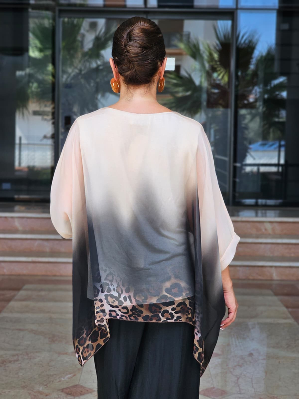 FELİX15473 Leopar Desenli İthal İpekli Bej Batik Bluz