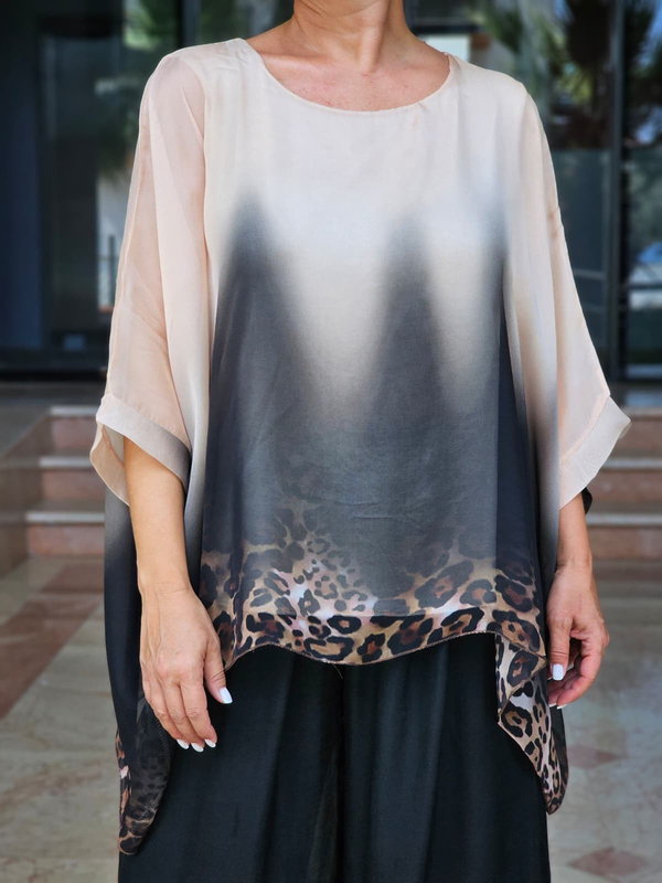 FELİX15473 Leopar Desenli İthal İpekli Bej Batik Bluz