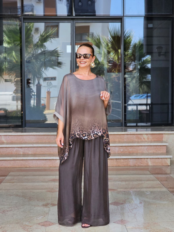 FELİX15474 Leopar Desenli İthal İpekli Vizon Batik Bluz